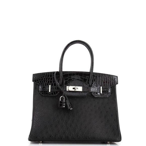 Hermes Handbags - Hermes Touch Birkin Bag Noir Ostrich with Shiny Alligator with Palladium Hardwar